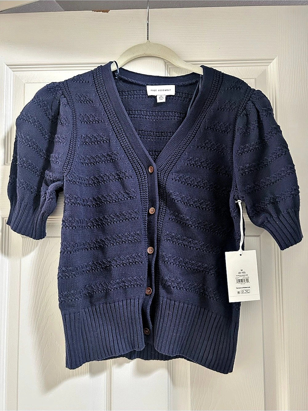 Free Assembly Cotton Crochet Cardigan Sweater with Puff Sleeves Blue Medium